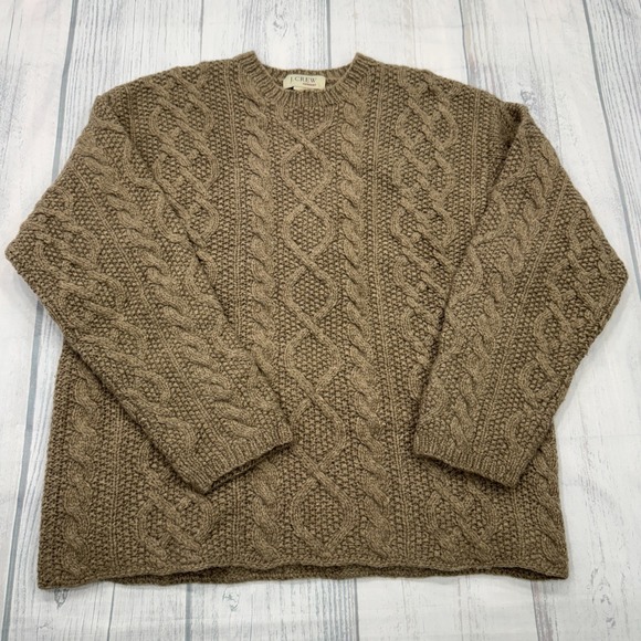 VTG J.Crew Handnit Cableknit VNeck Sweater Large Brown Shetland Wool Thick Mens